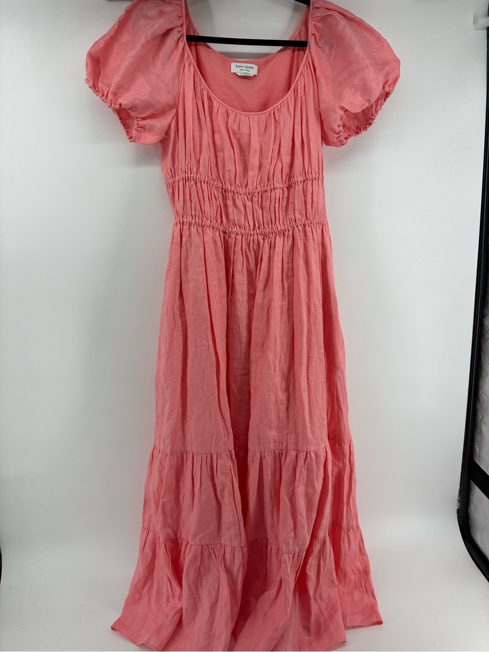 Kate Spade 100% Linen Women's Pink Puff-Sleeve Tiered Maxi Dress - Picture 3 of 10